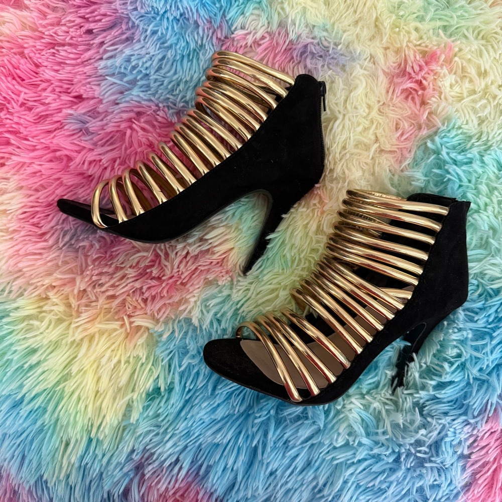 Torrid Womens Black Gold Cage Stiletto Heels Strappy Open Toe Sandals 7W